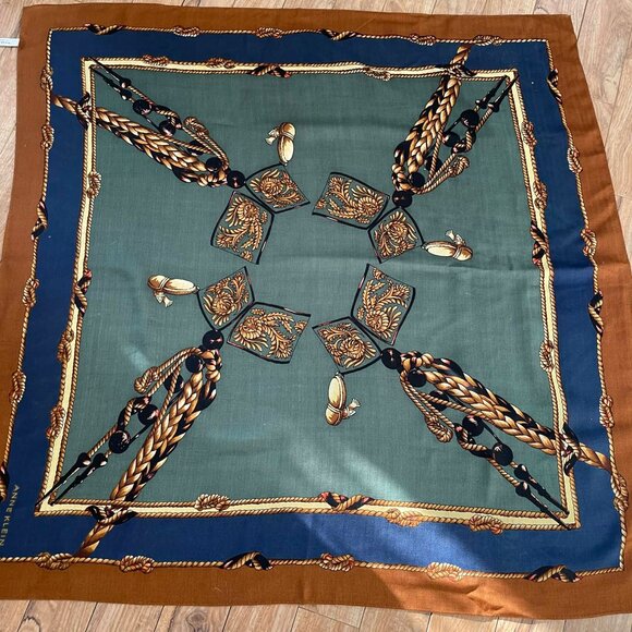 ANNE KLEIN wonderful 100% square scarf.Nautical print, brown, navy blue, green - Picture 2 of 9